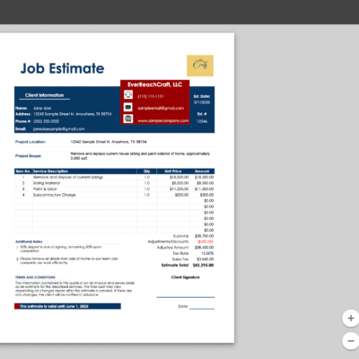 The job estimate in the print settings window, ready to print on one page.